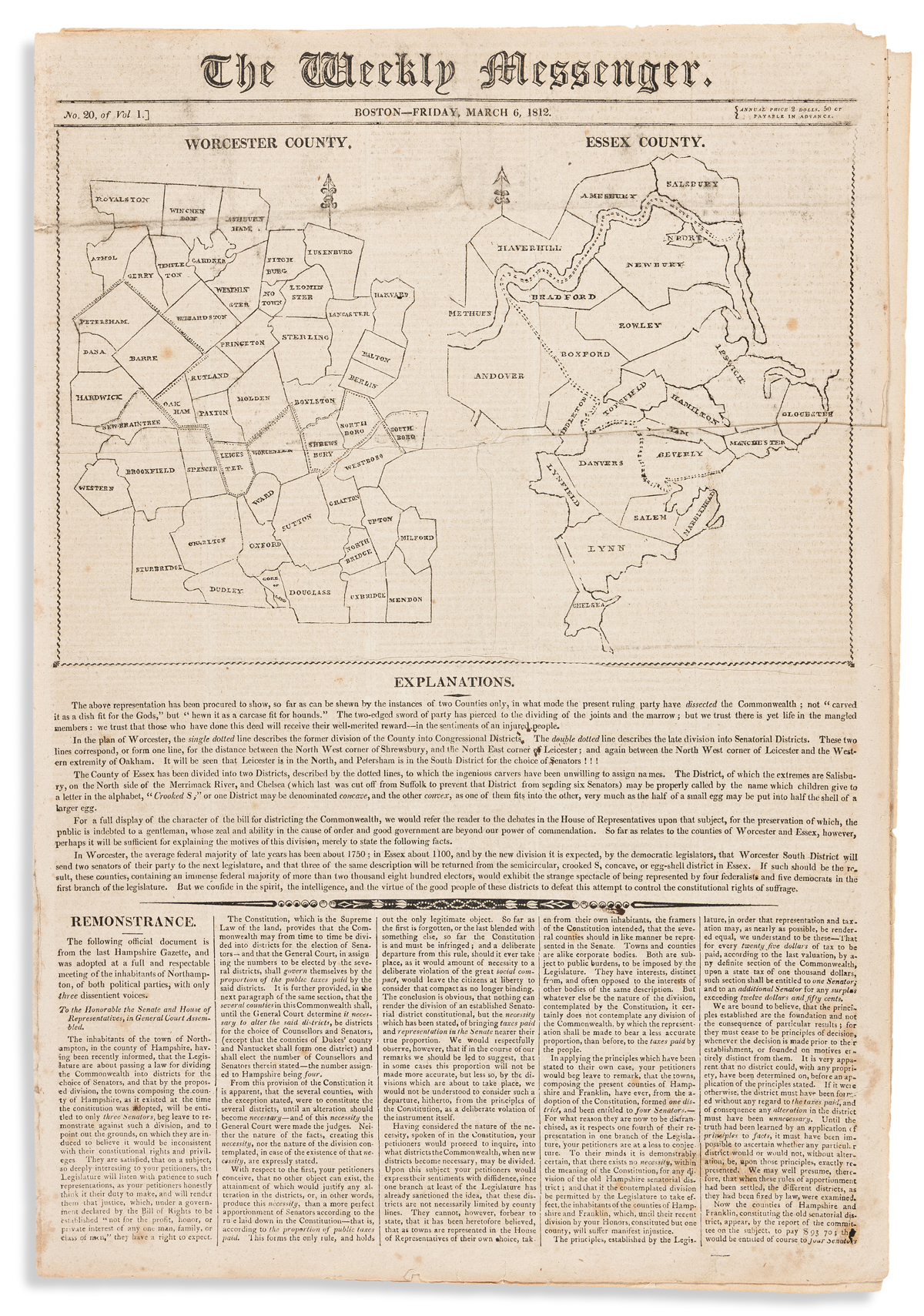 (POLITICS.) Issue of the Boston Weekly Messenger featuring the map which inspired the Gerrymander.